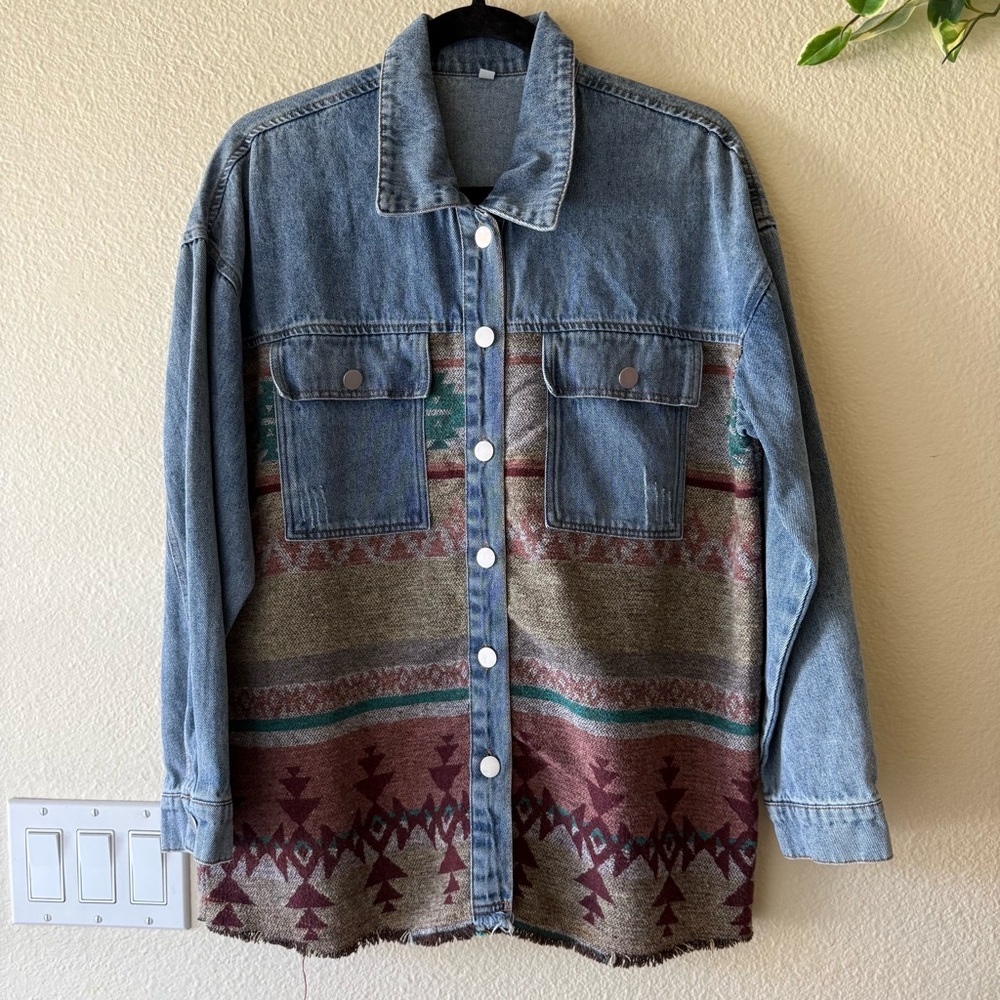 Denim & Aztec Pattern Oversized Patchwork Jacket … - image 1